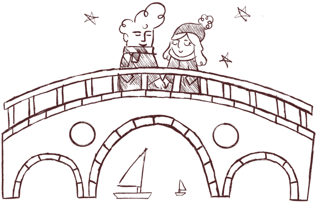 A cartoon drawing of Benji and Sarah on a bridge in Copenhagen, Denmark.